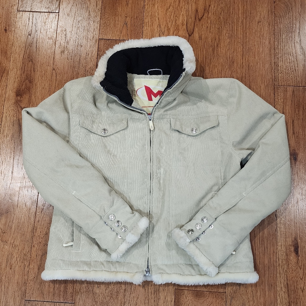 Marker Insulated Corduroy Ski Jacket w/ Hidden Hood and Faux Fur Trim in Cream.8